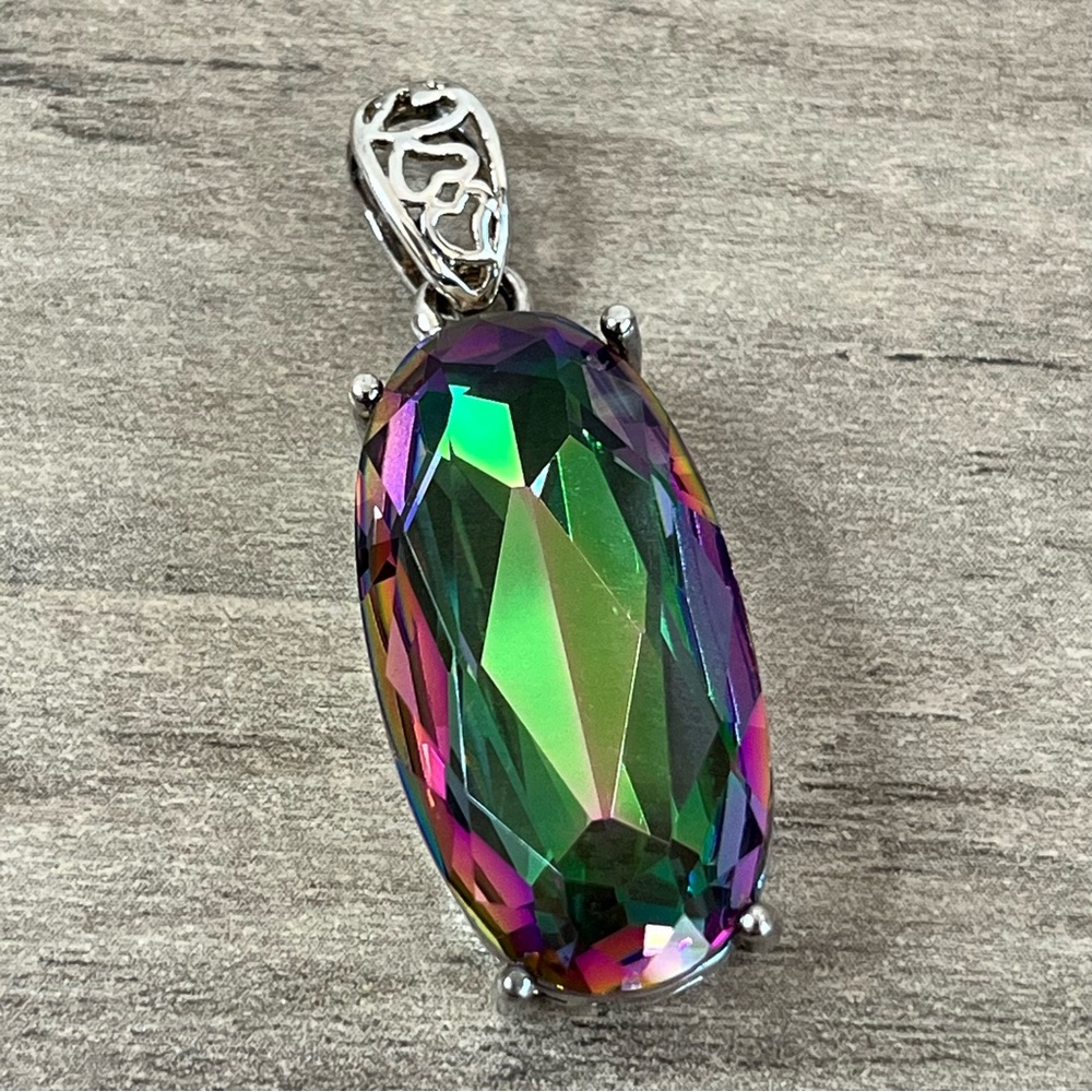 Artisan Iridescent Green/Purple Simulated Faceted Mystic Topaz Pendant Necklace